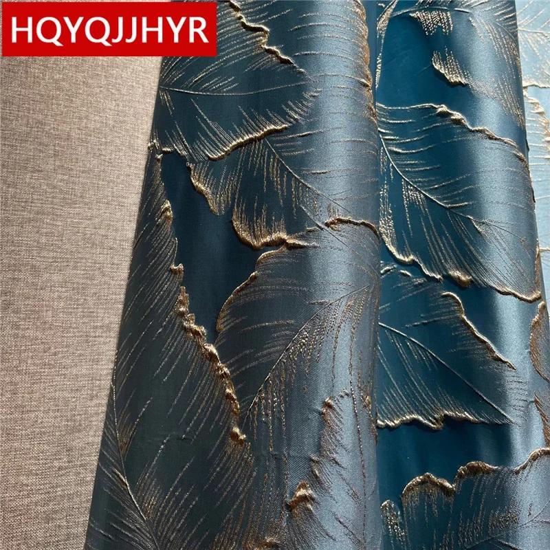 Top Modern Simple Luxury Blue Blackout Curtains For Living Room 3D Gold Embossed Jacquard Bedroom Kitchen Study Hote